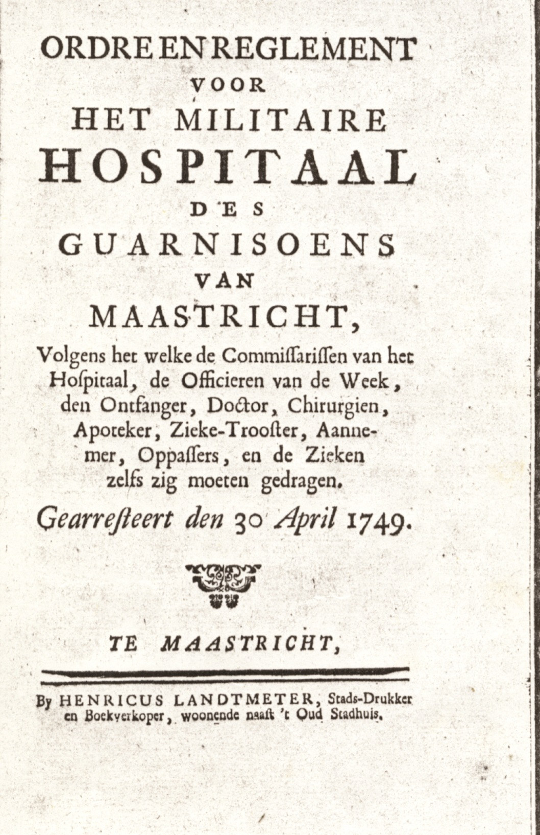 Titelblad van het reglement van het militaire hospitaal te Maastricht